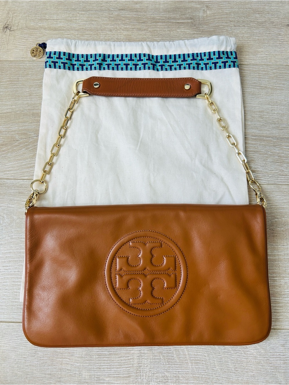 Tory Burch Tan Leather Clutch/Shoulder Bag with Gold Chain